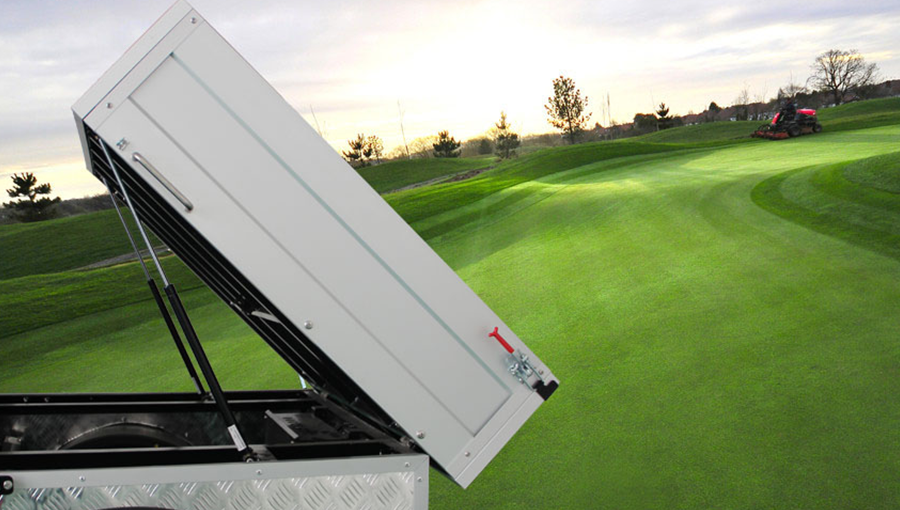 Close-up of Tara golf cart cargo box showing large, sturdy rear storage area for tools and equipment