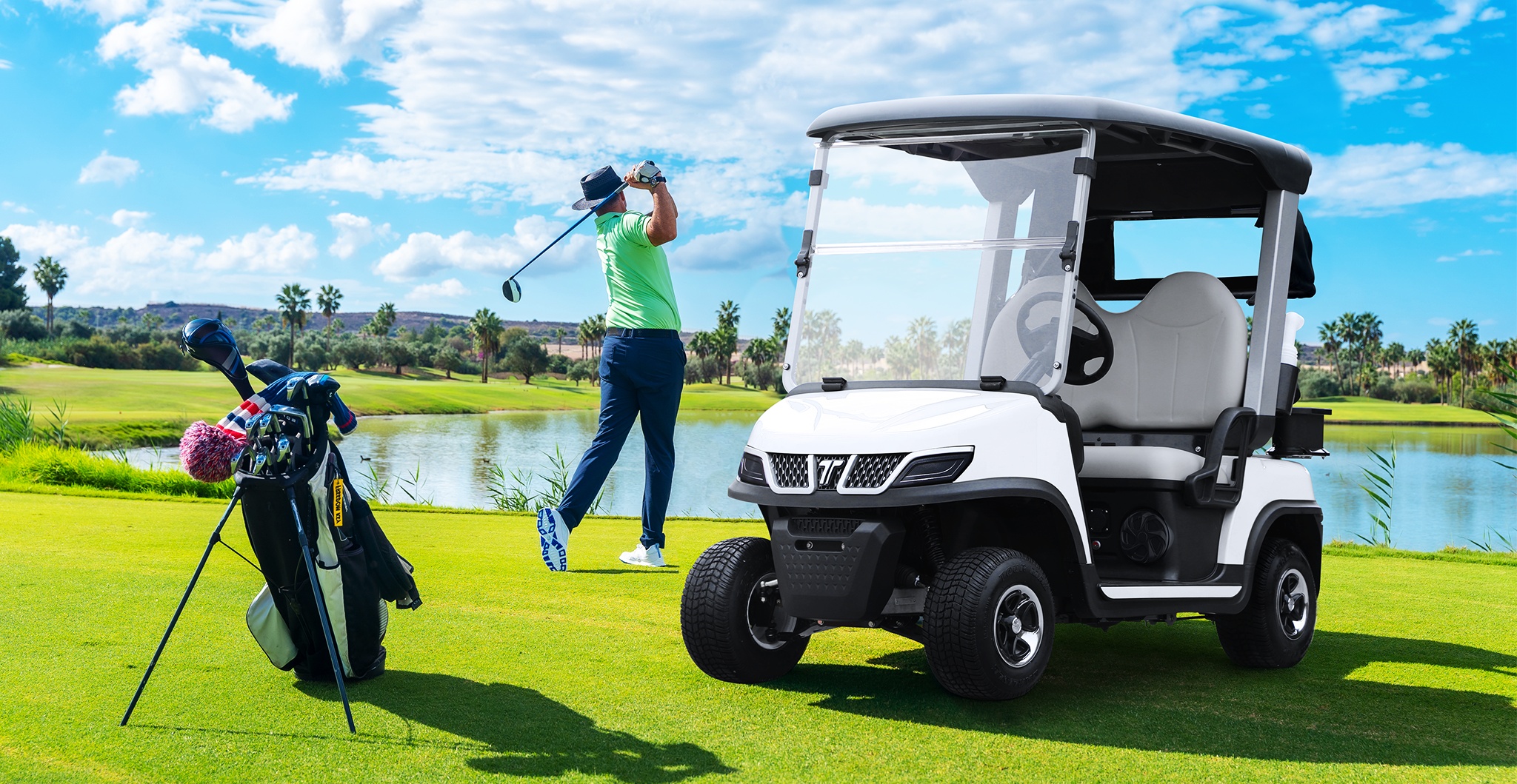 Tara Spirit Pro electric golf cart with full golf club set