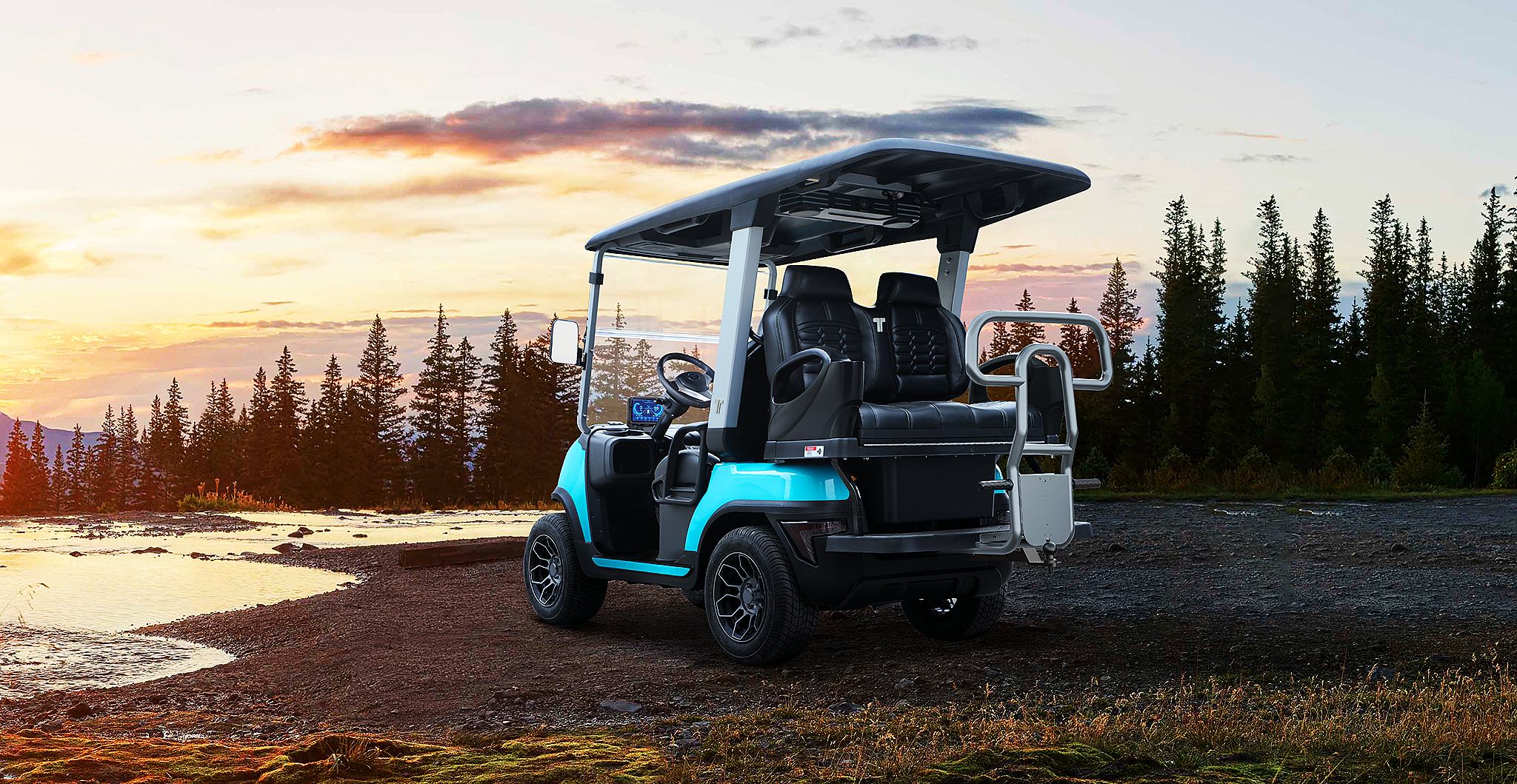 Tara Roadster 2+2 on Forest Trail – Stylish and Rugged Electric Golf Cart