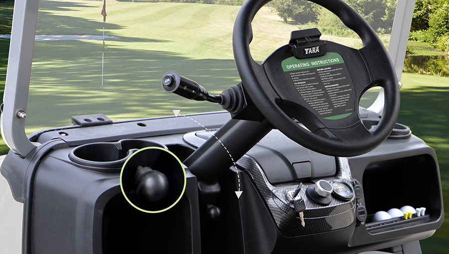 Adjustable angle steering wheel with comfortable grip in Tara golf cart