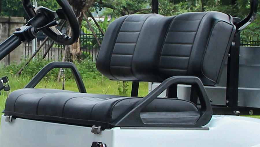 Tara golf cart premium leather seats with contrast stitching and cushioned support

