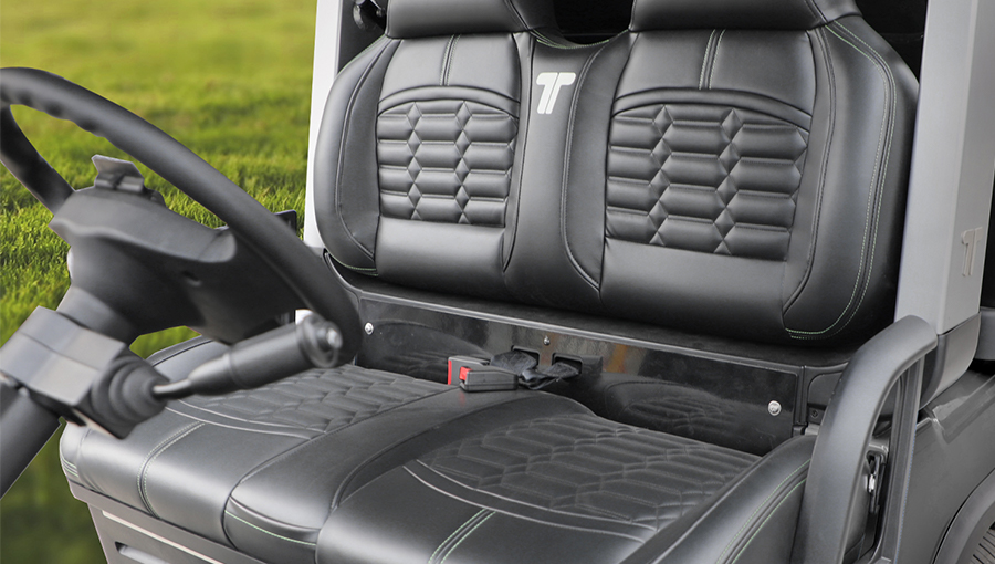 Close-up of Tara golf cart luxury seat featuring plush cushioning and stylish stitching for superior comfort