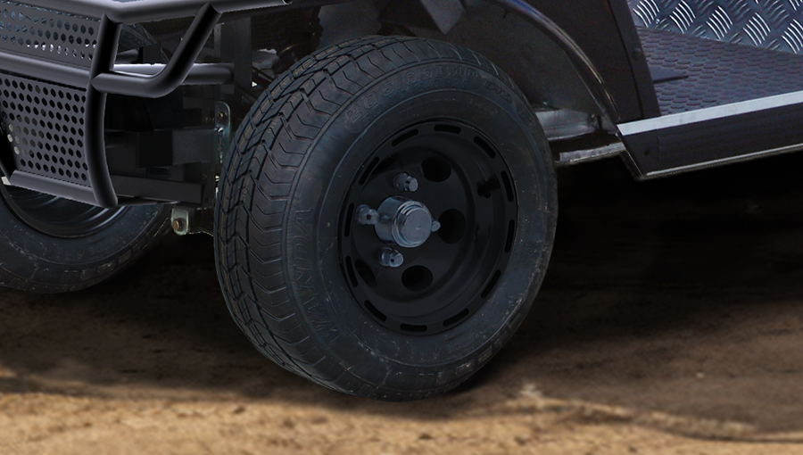 Standard road tread tire on Tara electric golf cart, designed for quiet, stable, and comfortable ride on pavement