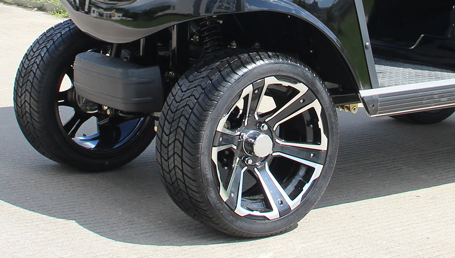 Close-up of Tara golf cart tire with low-profile road tread for quiet and stable driving on paved surfaces