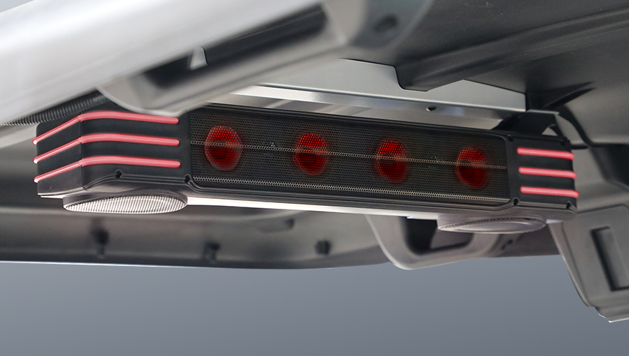 Close-up of Tara golf cart cuboid sound bar delivering high-quality sound with a modern, compact design
