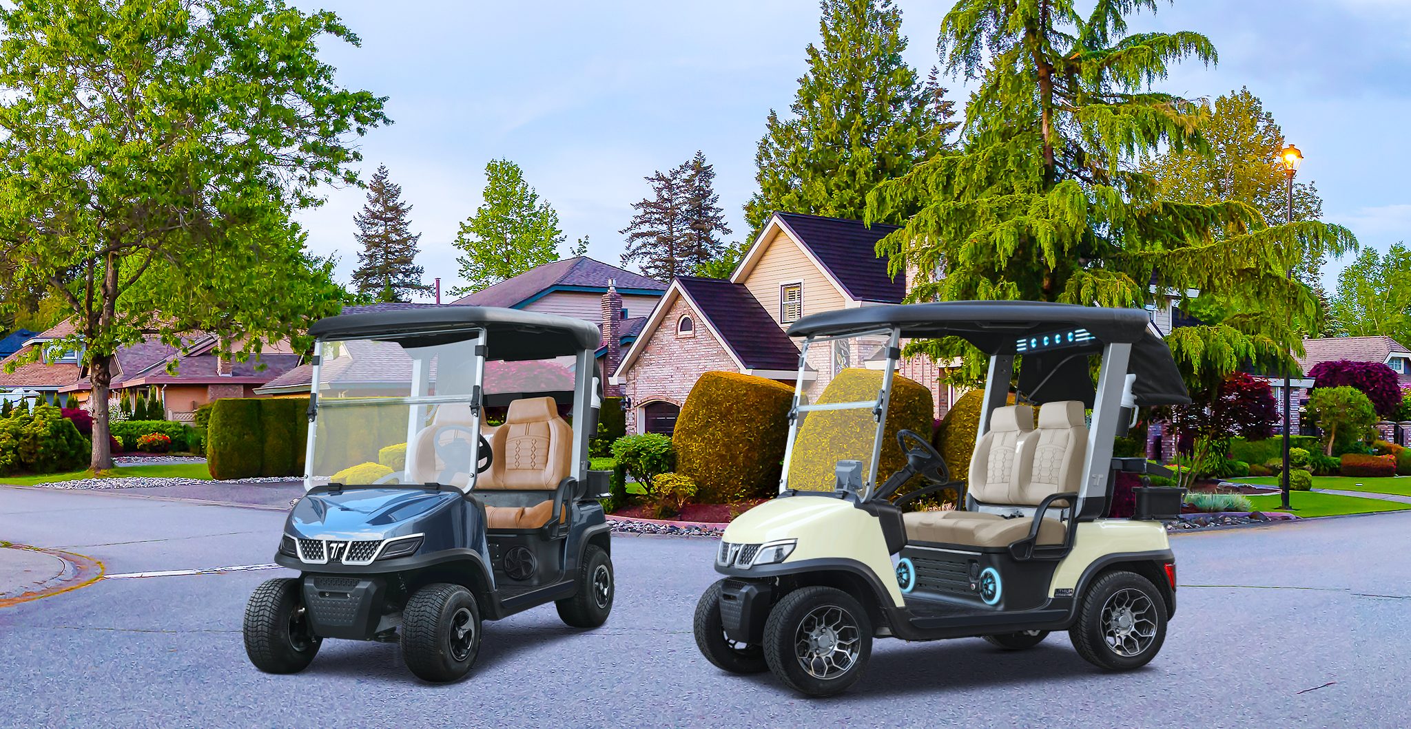 Tara Spirit Pro and Spirit Plus 2-seater electric golf carts side by side